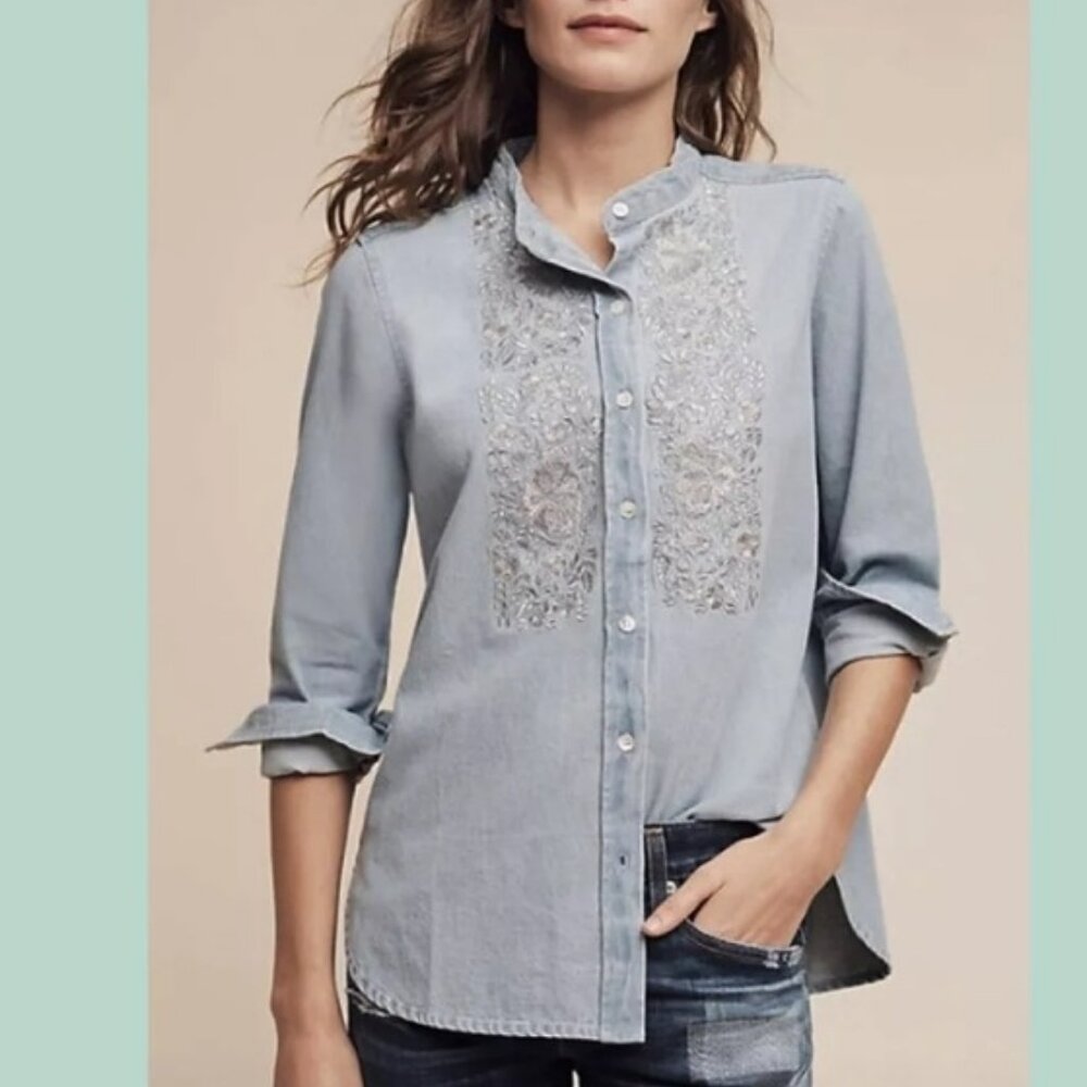 ANTHROPOLOGIE | Ne Quittez Pas Denim Top Silver Embroidery Women's Size S